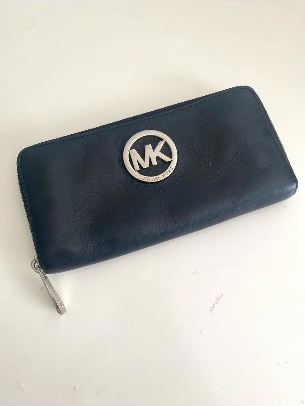Michael Kors Black Leather Zip-Around Wallet with Silver MK Logo